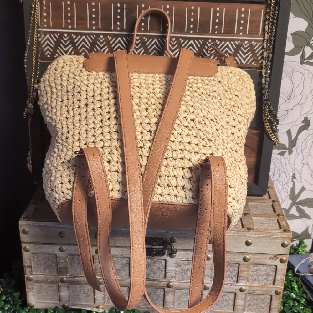Top Handle Woven Backpack In Camel & Cashew With Rose Gold Details By LC - Picture 9 of 15